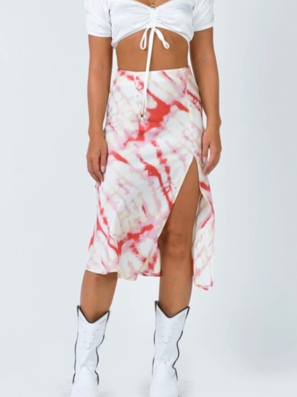 Princess Polly Red & White Alesta Tie-Dye Midi Skirt with Side Slit